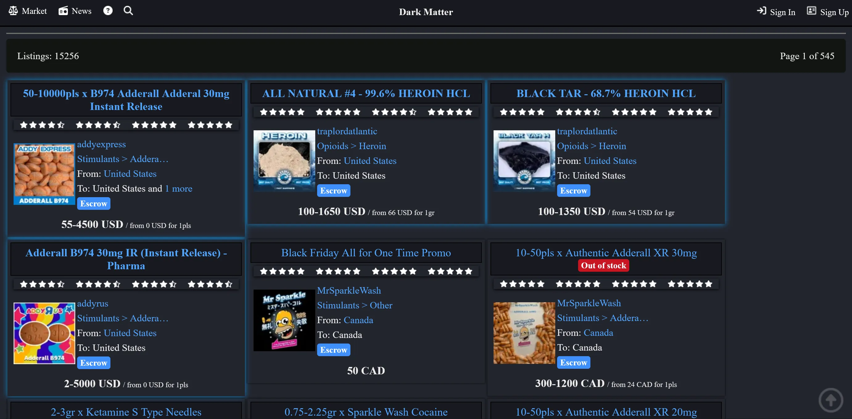 Dark Matter Market listings catalogue — 15,256 listings with vendor, category, ship-from country, rating and Escrow badge