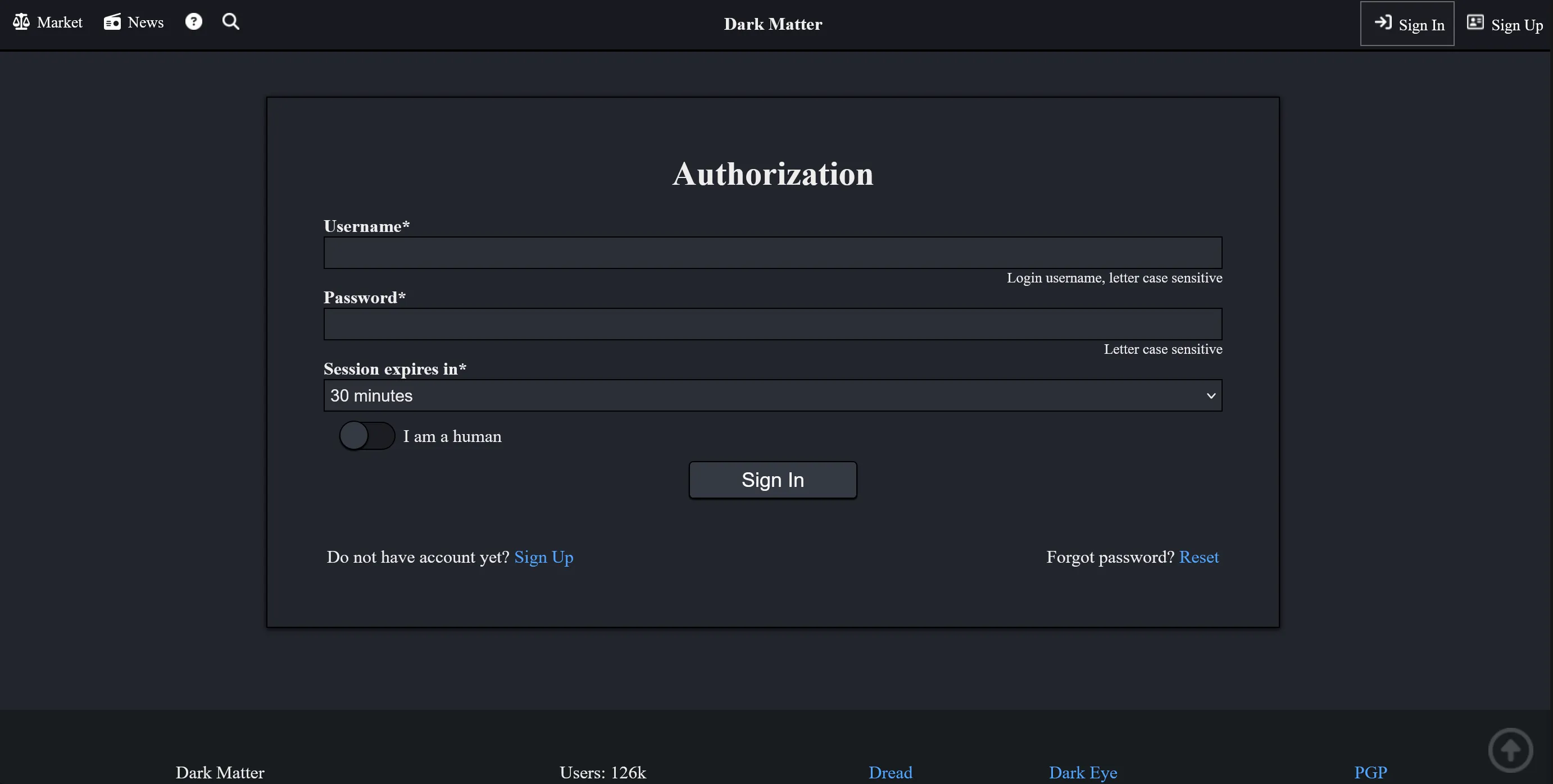 Dark Matter Market Authorization page — username, password, session expiry selector and I am a human check