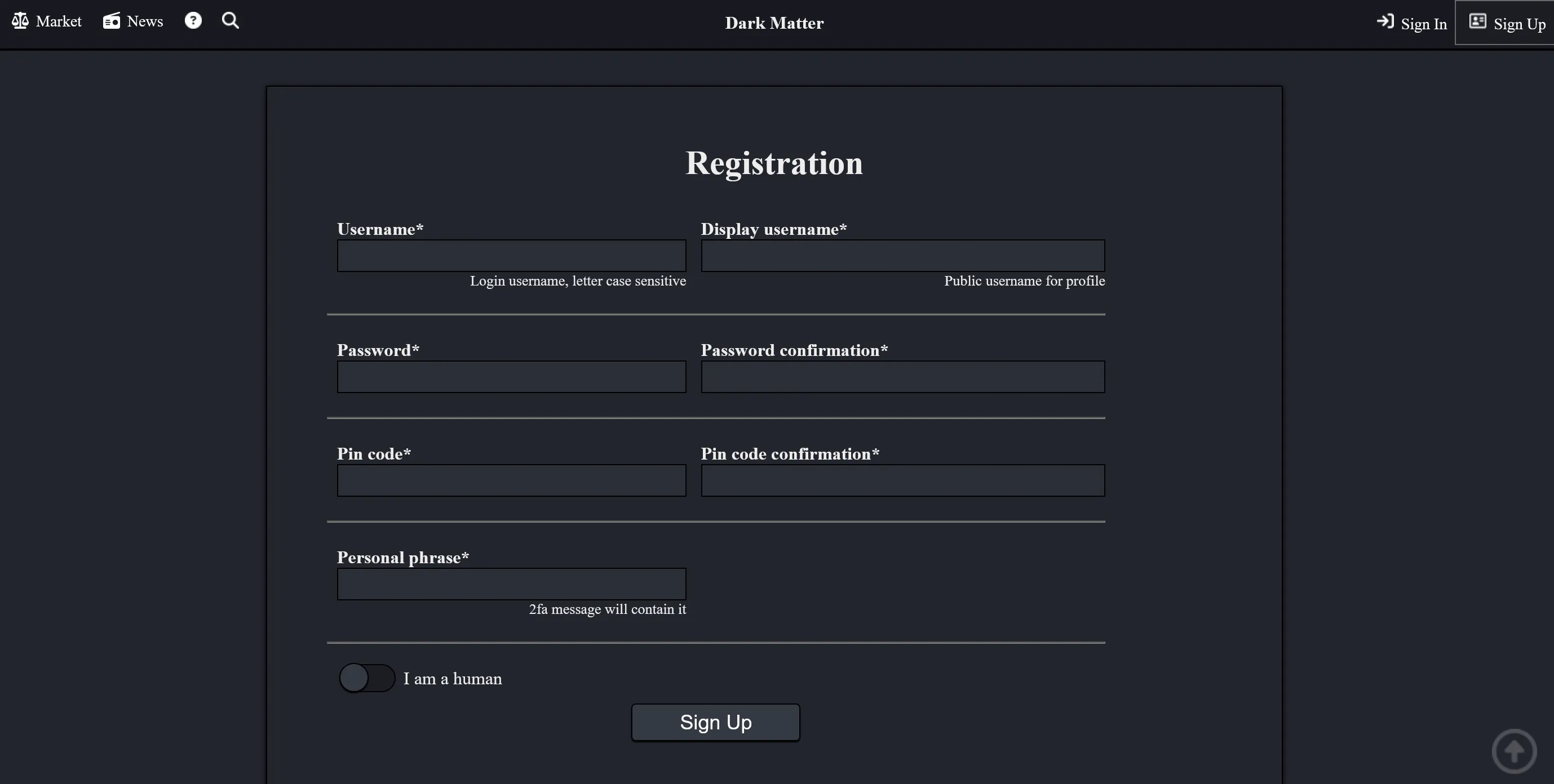 Dark Matter Market registration — username, display username, password, PIN code and personal phrase for 2FA